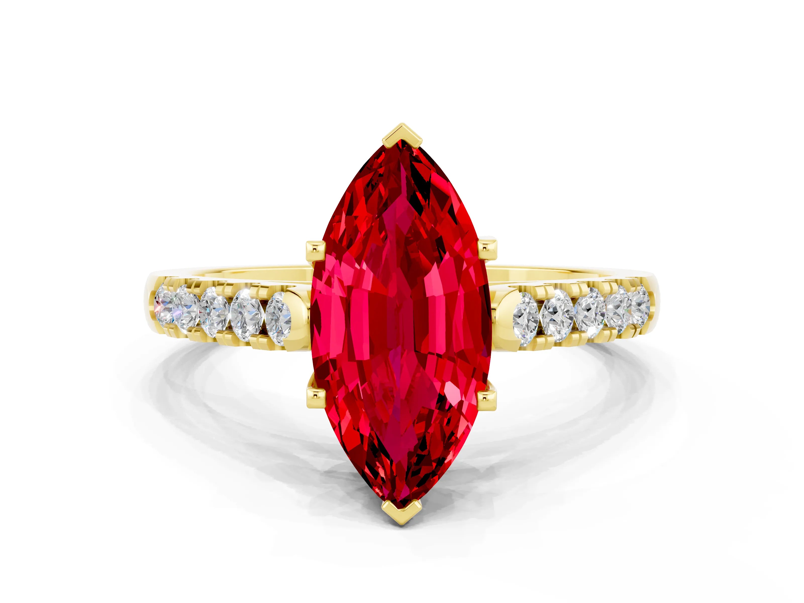 Yellow gold {shape_name} Ruby Solitaire Ring with Pavé Band and Four-Prong Setting