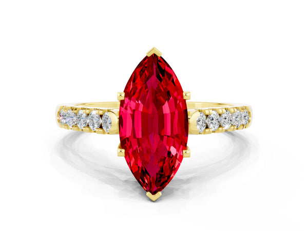 Yellow gold Marquise Cut Ruby Pavé Band Solitaire Ring with Prong Setting