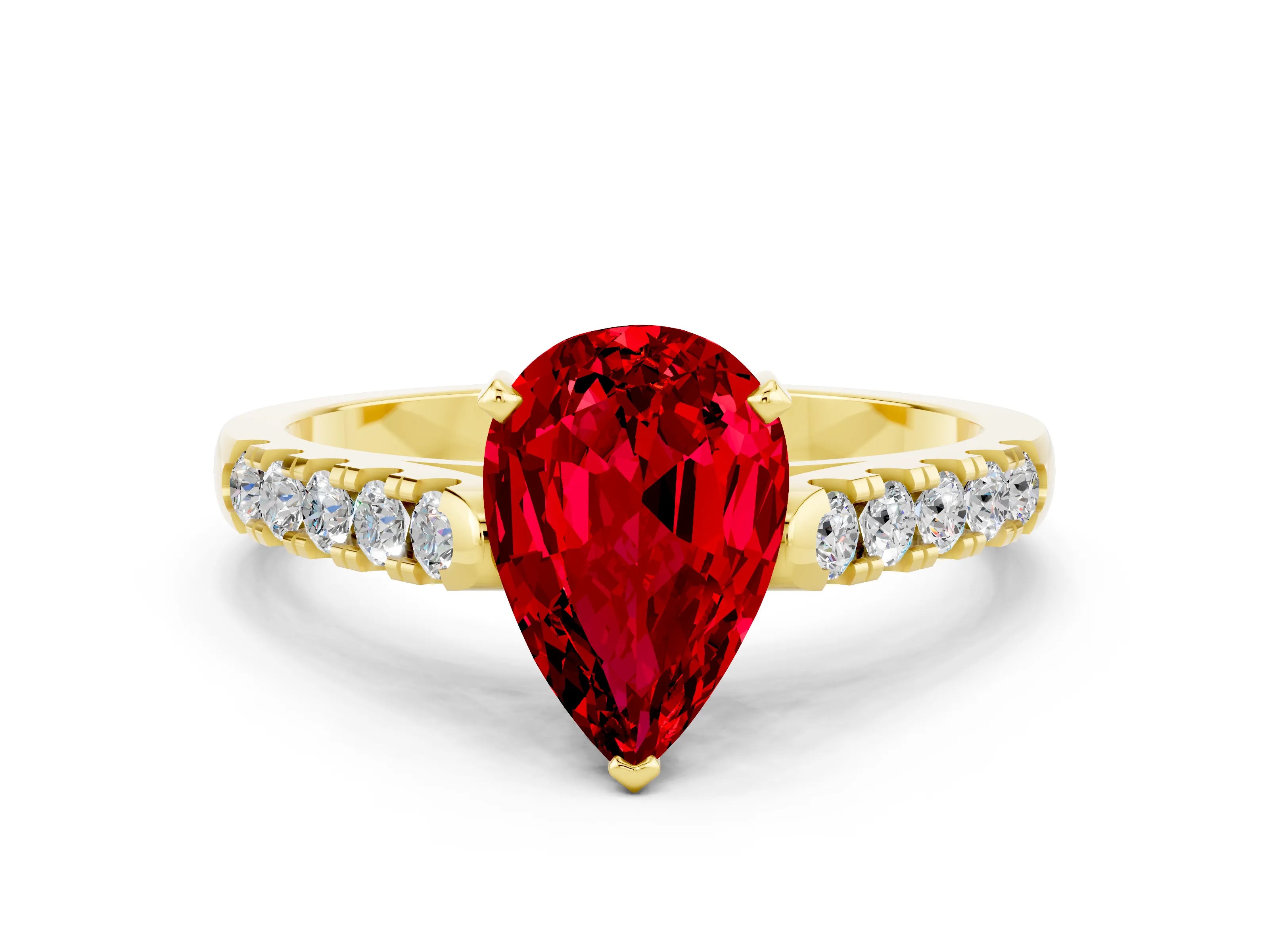 Yellow gold {shape_name} Ruby Solitaire Ring with Pavé Band and Four-Prong Setting