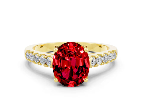Yellow gold {shape_name} Ruby Solitaire Ring with Pavé Band and Four-Prong Setting