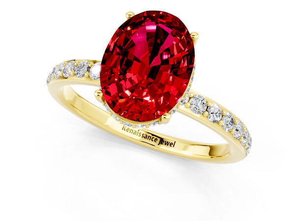 Yellow gold Oval Cut Ruby Solitaire Ring with Pavé Band and Hidden Halo