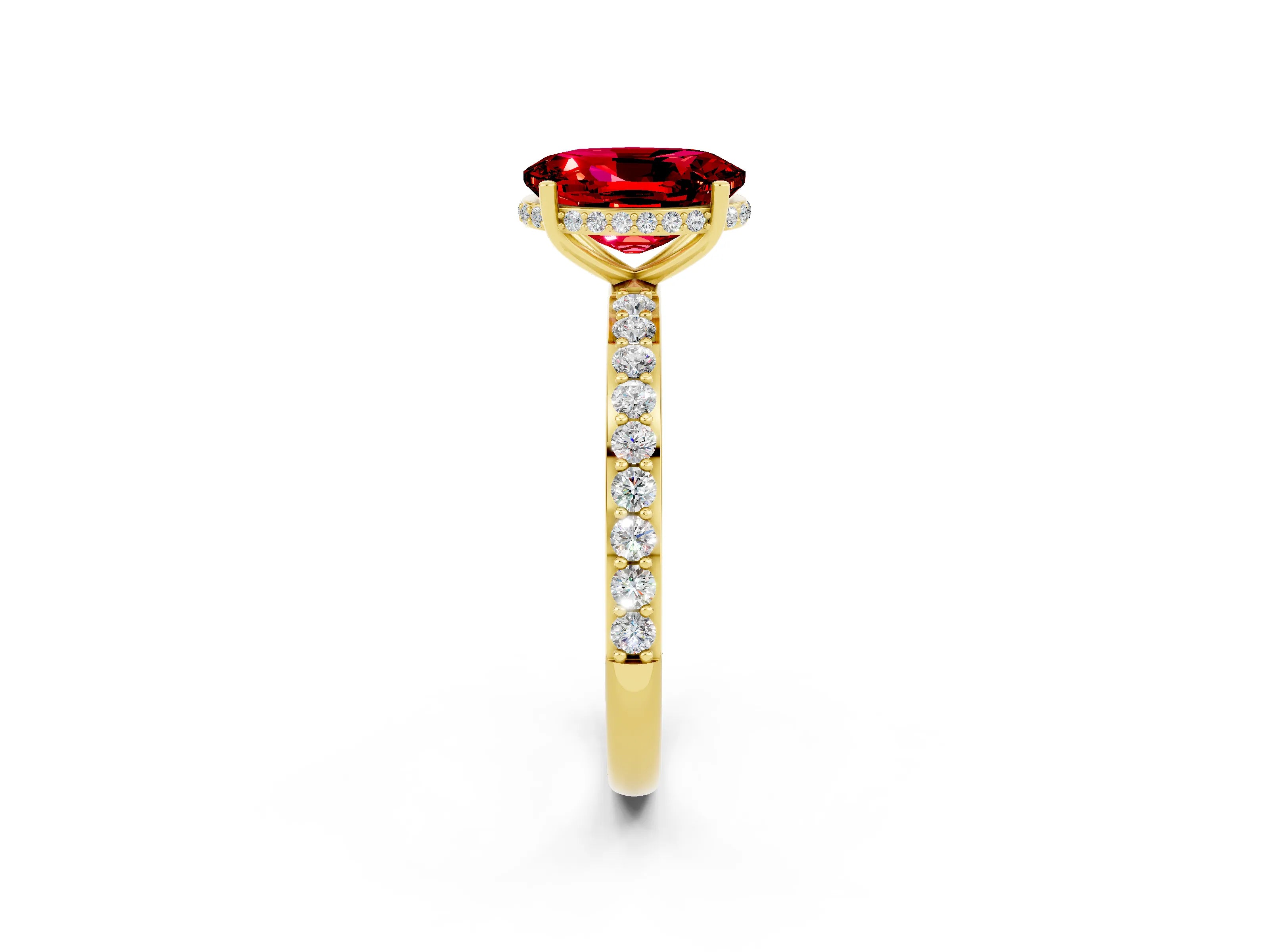Yellow gold {shape_name} Ruby Solitaire Ring with Pavé Band and Hidden Halo_2