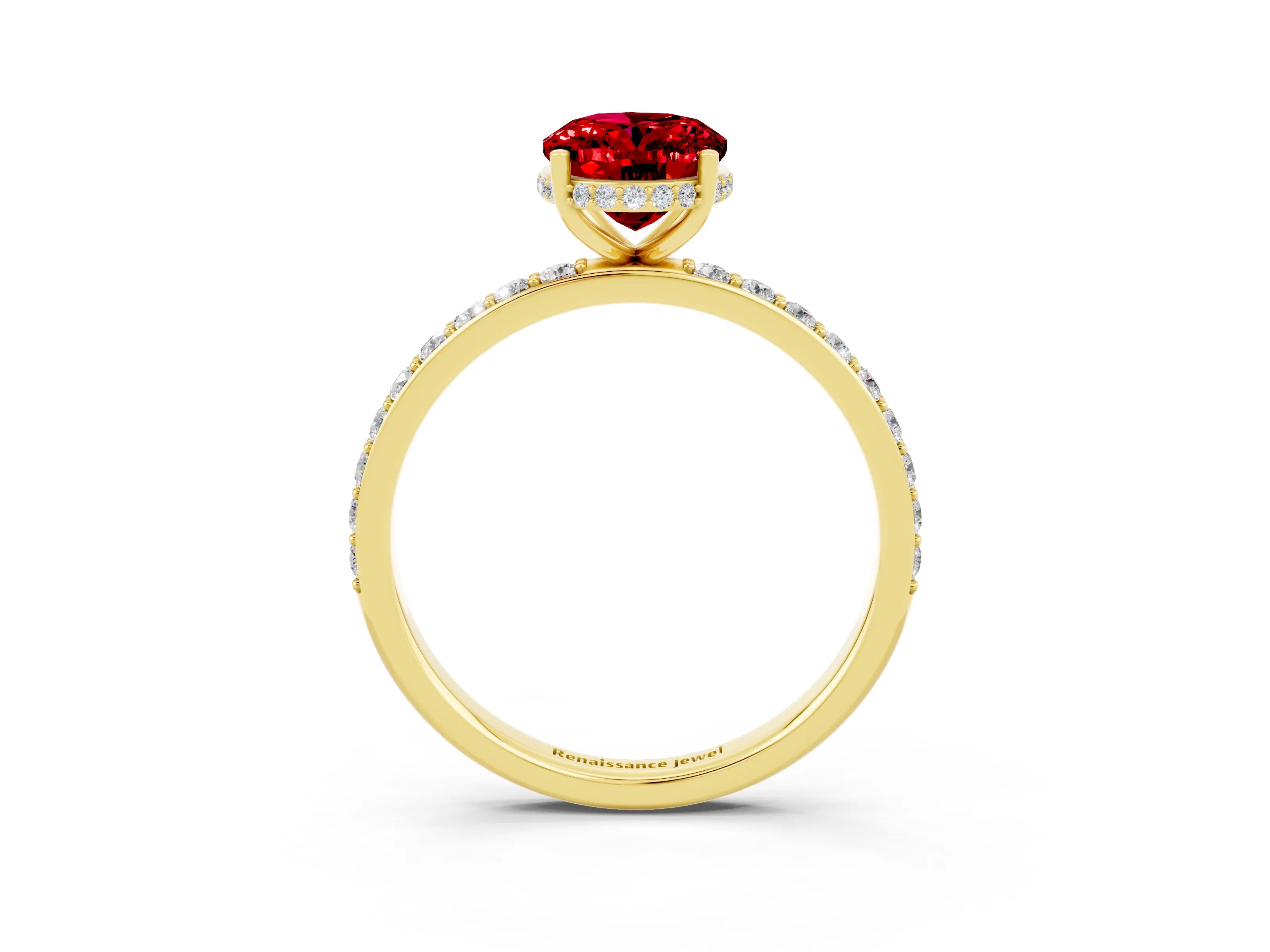 Yellow gold {shape_name} Ruby Solitaire Ring with Pavé Band and Hidden Halo_3