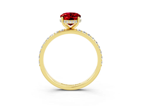 Yellow gold {shape_name} Ruby Solitaire Ring with Pavé Band and Hidden Halo_3