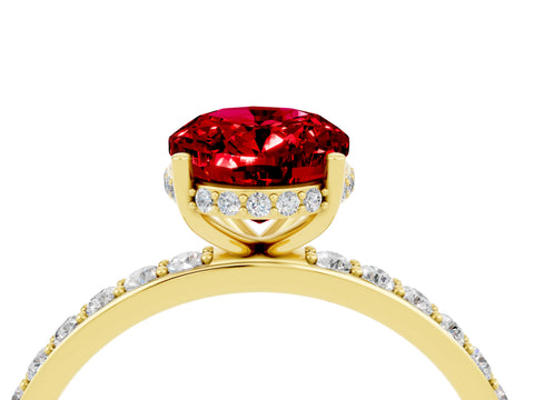 Yellow gold {shape_name} Ruby Solitaire Ring with Pavé Band and Hidden Halo_4