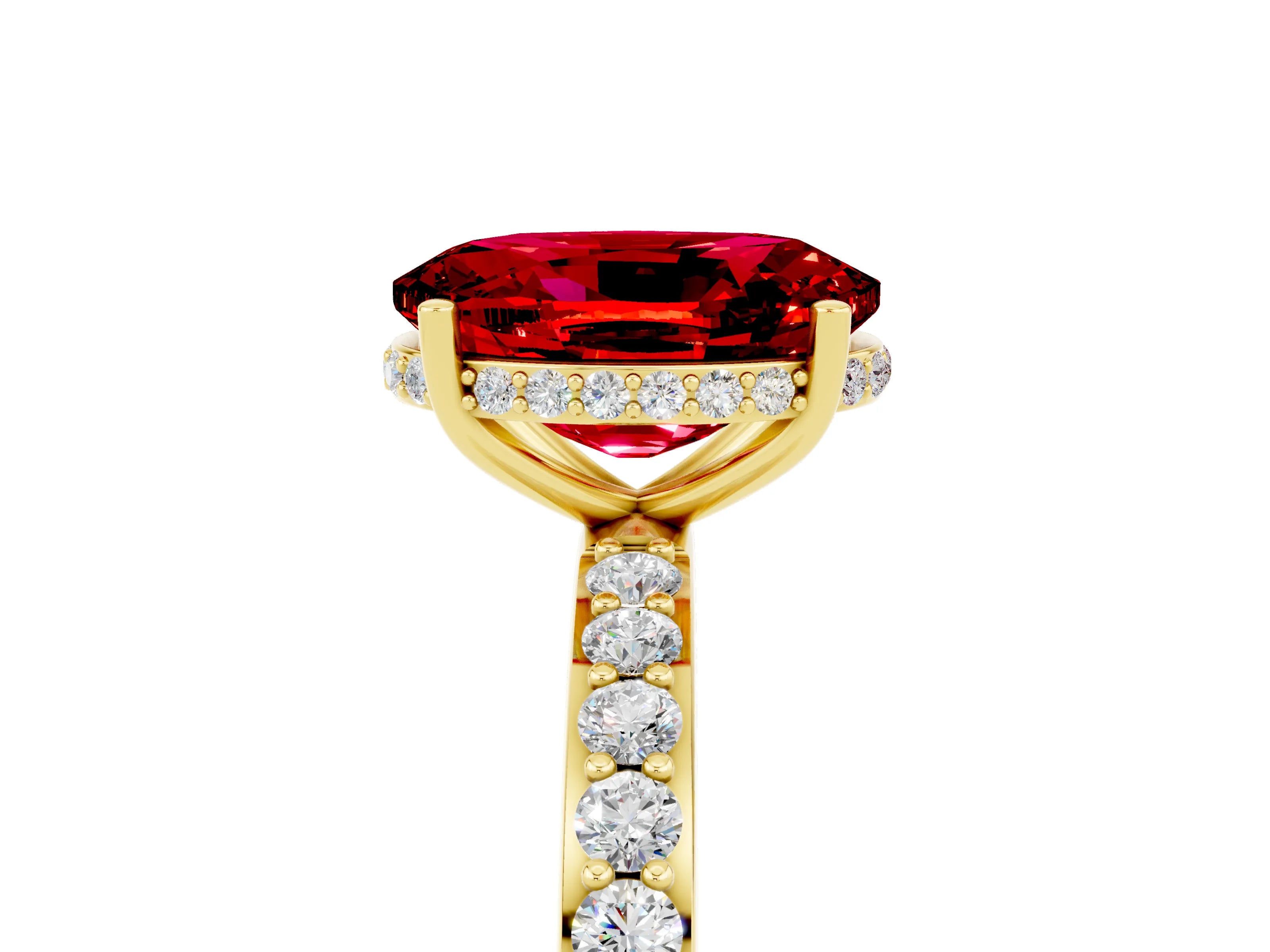 Yellow gold {shape_name} Ruby Solitaire Ring with Pavé Band and Hidden Halo_5