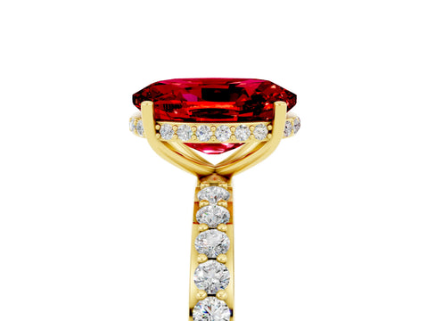 Yellow gold {shape_name} Ruby Solitaire Ring with Pavé Band and Hidden Halo_5