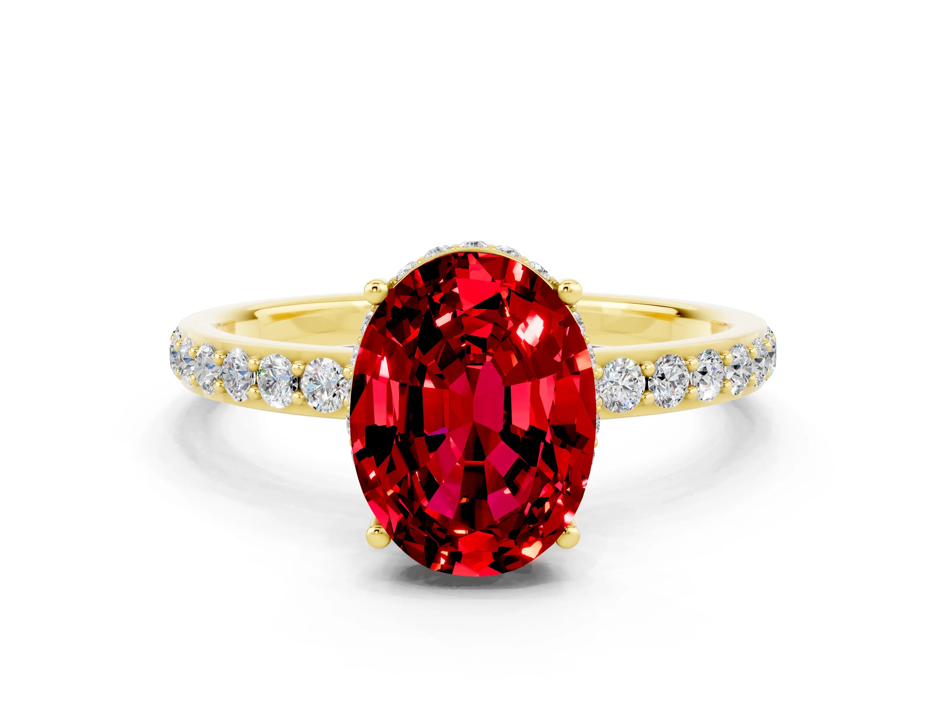 Yellow gold {shape_name} Ruby Solitaire Ring with Pavé Band and Hidden Halo