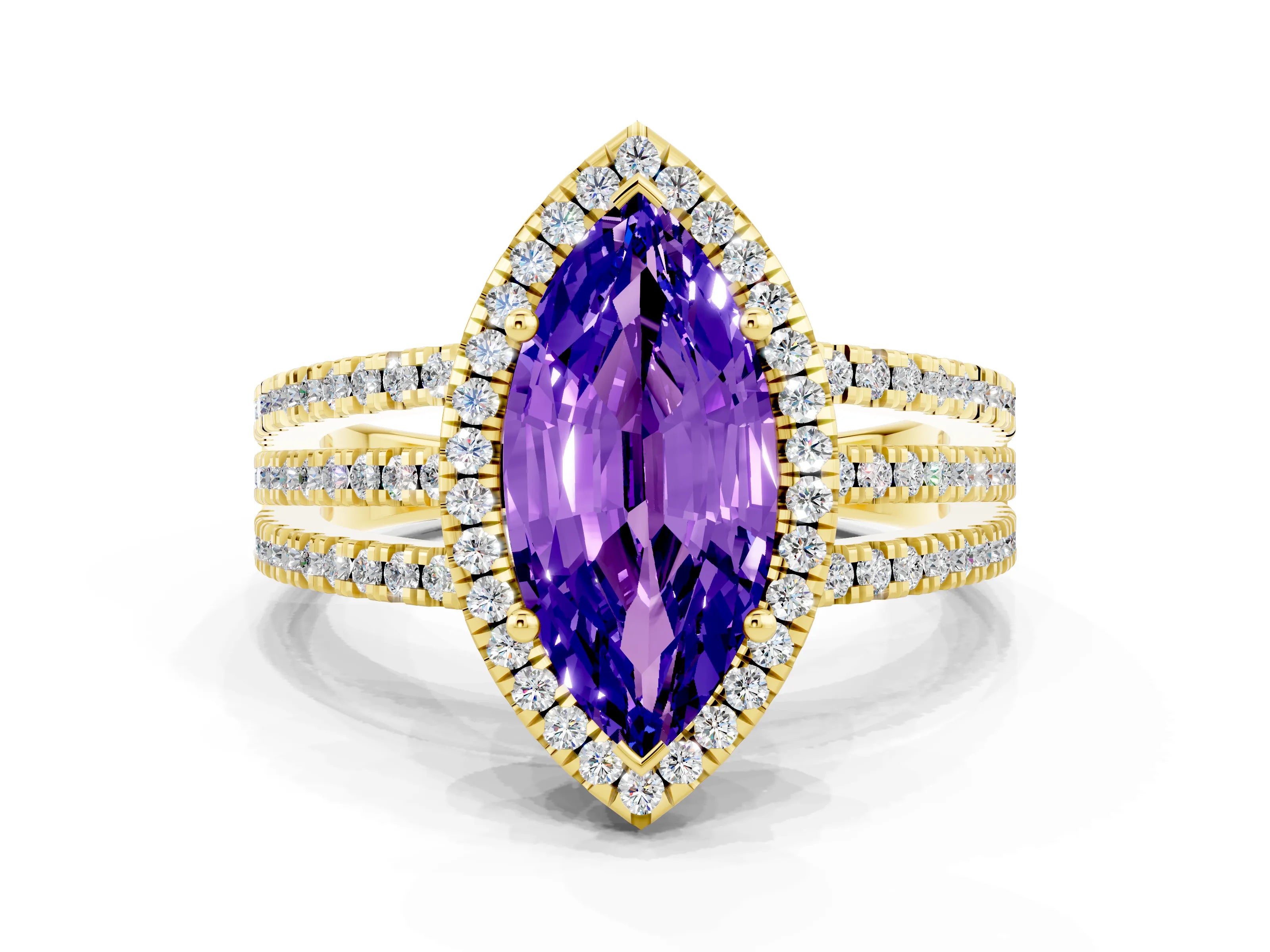 Yellow gold {shape_name} Tanzanite Halo Engagement Ring with Split Shank and Four-Prong Setting