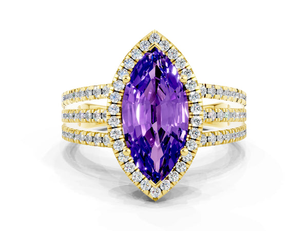 Yellow gold Marquise Cut Tanzanite Halo Engagement Ring with Split Shank and Four-Prong Setting