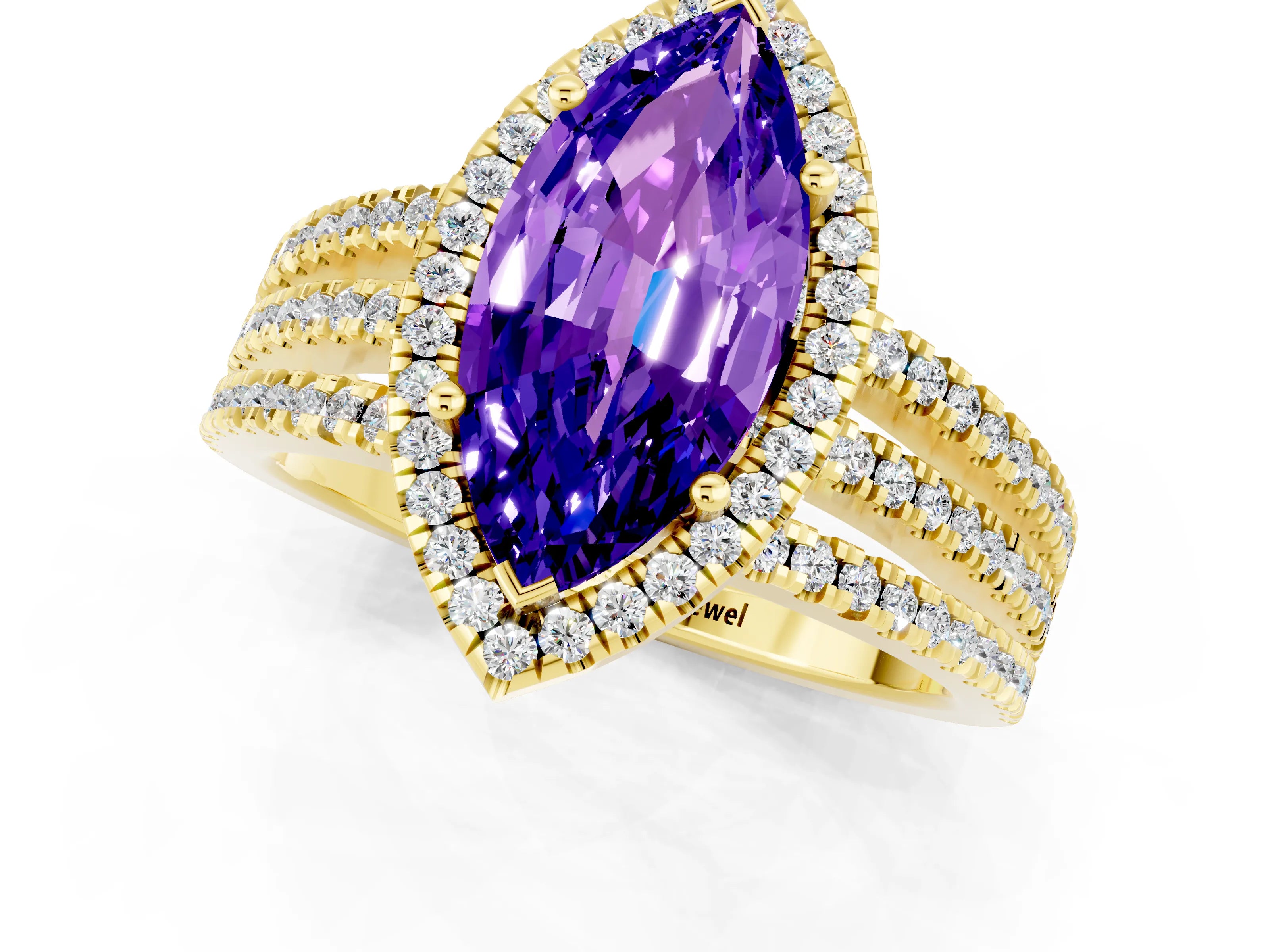 Yellow gold {shape_name} Tanzanite Halo Engagement Ring with Split Shank and Four-Prong Setting_1