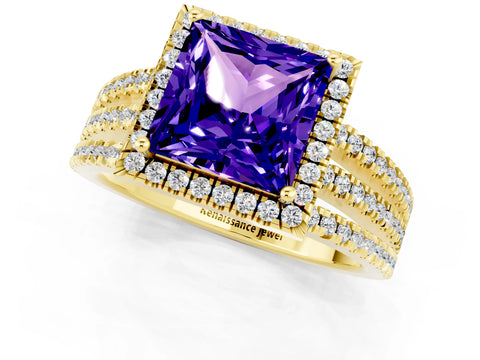 Yellow gold {shape_name} Tanzanite Halo Engagement Ring with Split Shank and Four-Prong Setting_1