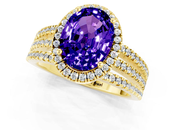 Yellow gold Oval Cut Tanzanite Halo Engagement Ring with Split Shank and Four-Prong Setting