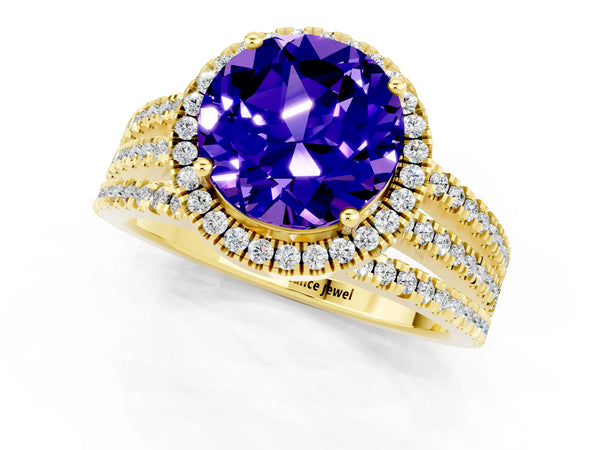 Yellow gold Round Cut Tanzanite Halo Engagement Ring with Split Shank and Four-Prong Setting