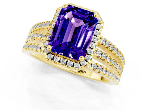 Yellow gold {shape_name} Tanzanite Halo Engagement Ring with Split Shank and Four-Prong Setting_1
