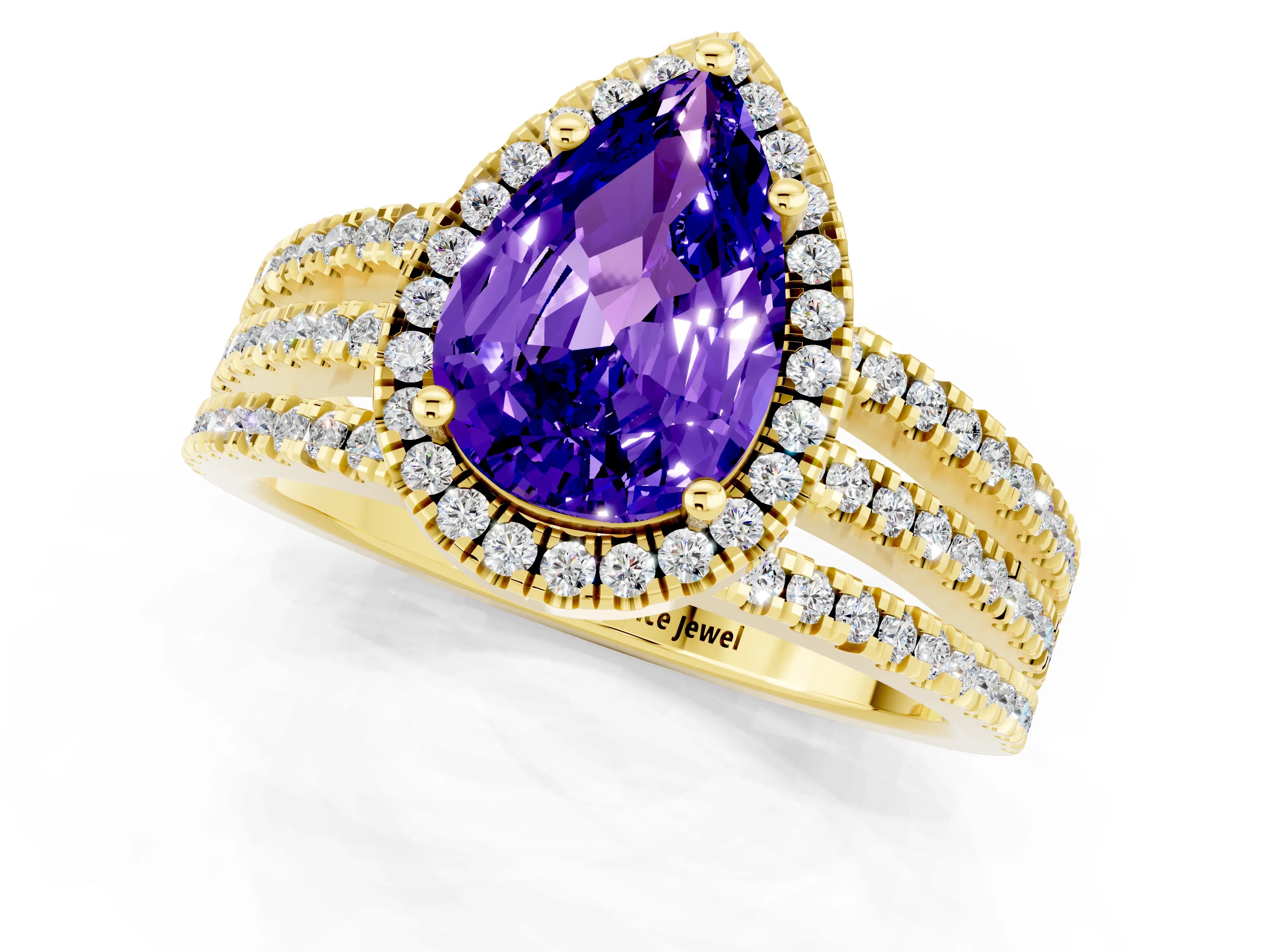 Yellow gold {shape_name} Tanzanite Halo Engagement Ring with Split Shank and Four-Prong Setting_1