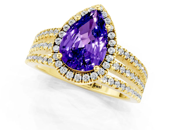 Yellow gold Pear Cut Tanzanite Halo Engagement Ring with Split Shank and Four-Prong Setting