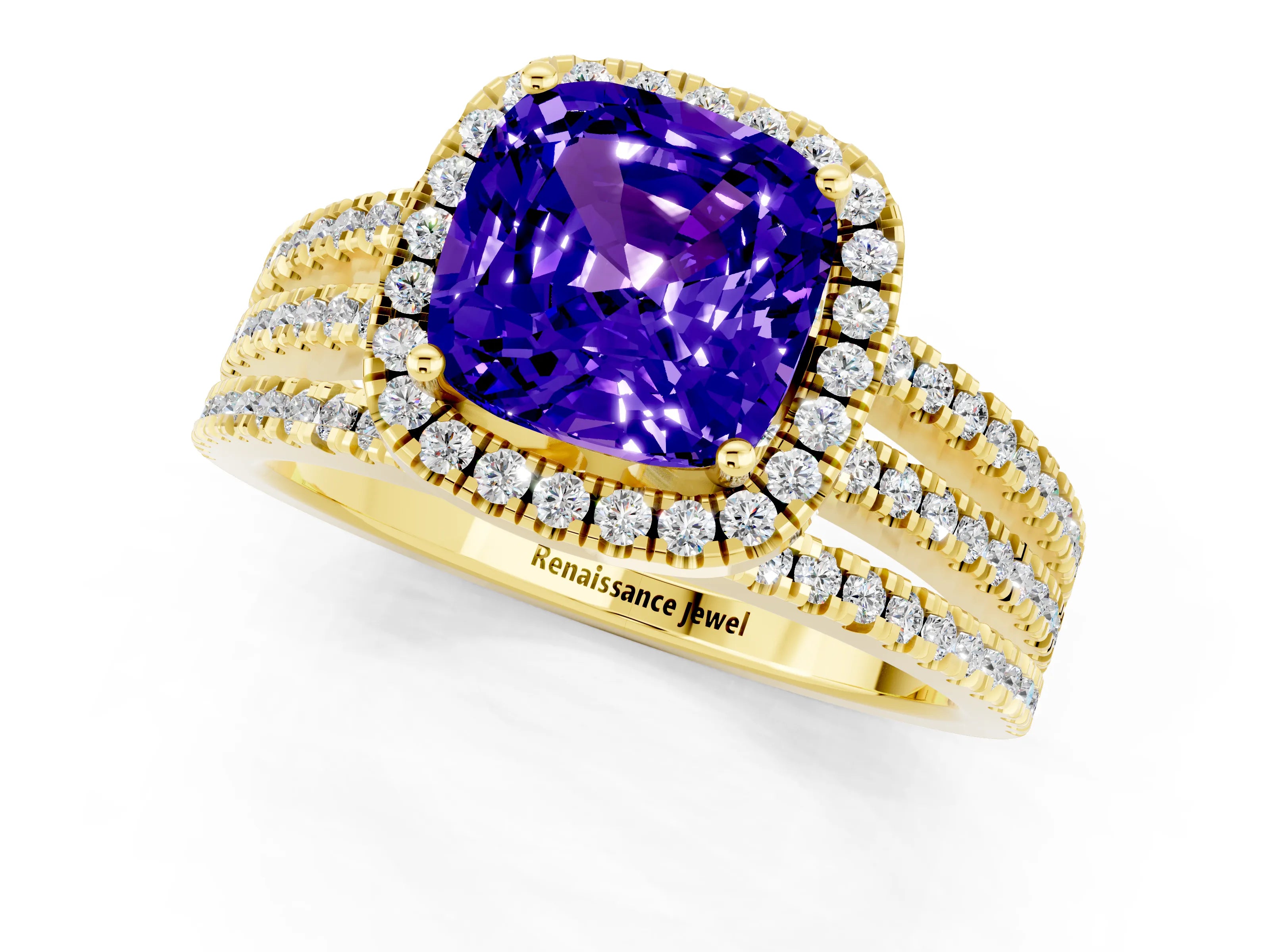 Yellow gold {shape_name} Tanzanite Halo Engagement Ring with Split Shank and Four-Prong Setting_1