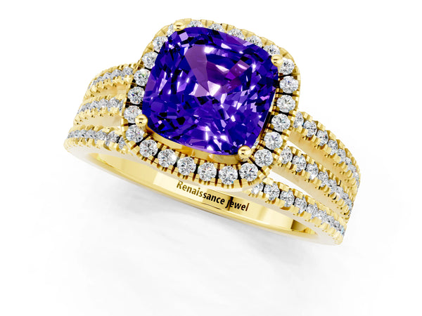 Yellow gold Cushion Cut Tanzanite Halo Engagement Ring with Split Shank and Four-Prong Setting