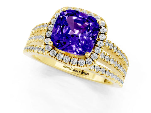 Yellow gold {shape_name} Tanzanite Halo Engagement Ring with Split Shank and Four-Prong Setting_1