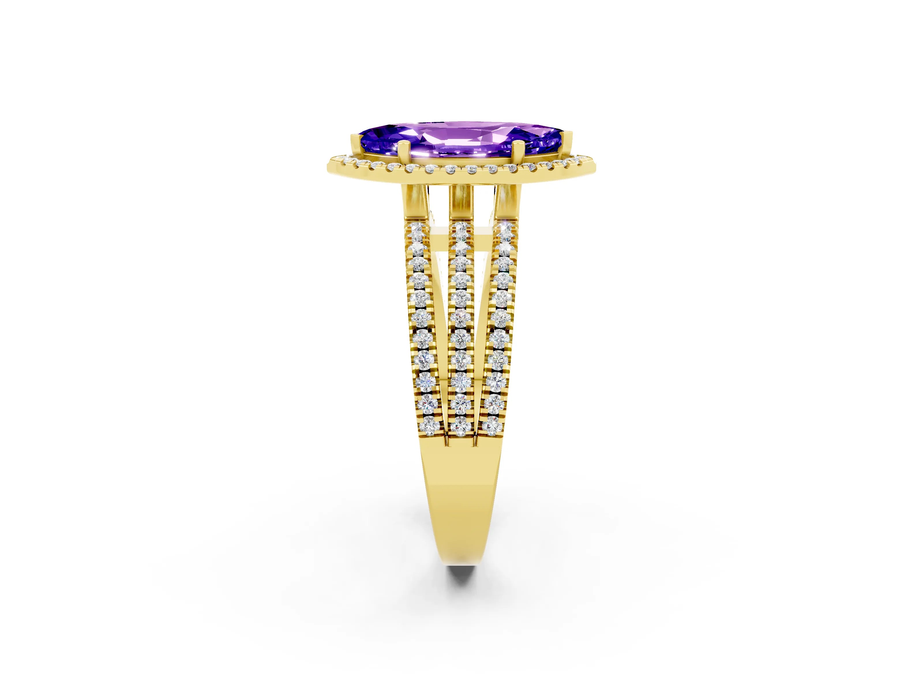Yellow gold {shape_name} Tanzanite Halo Engagement Ring with Split Shank and Four-Prong Setting_2