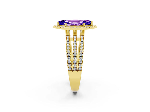 Yellow gold Marquise Cut Tanzanite Halo Engagement Ring with Split Shank and Four-Prong Setting
