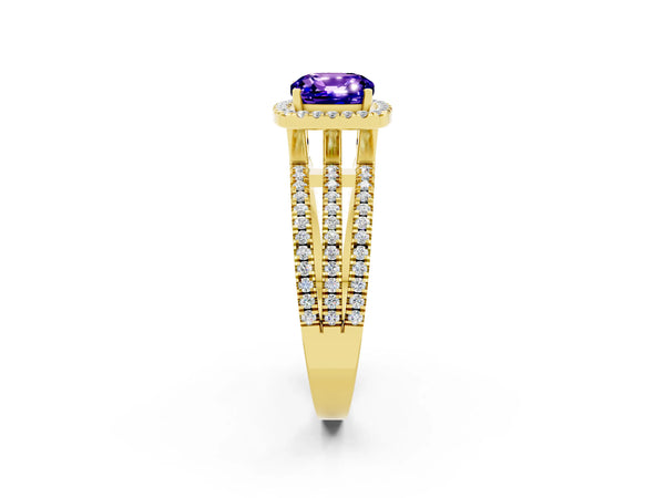 Yellow gold Cushion Cut Tanzanite Halo Engagement Ring with Split Shank and Four-Prong Setting