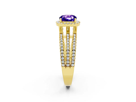 Yellow gold {shape_name} Tanzanite Halo Engagement Ring with Split Shank and Four-Prong Setting_2
