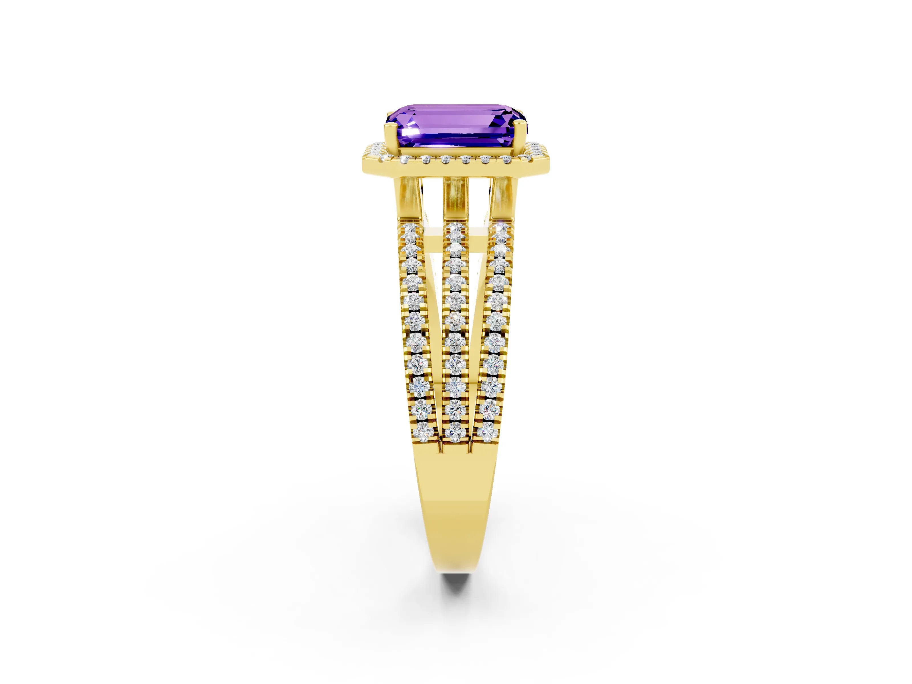 Yellow gold {shape_name} Tanzanite Halo Engagement Ring with Split Shank and Four-Prong Setting_2