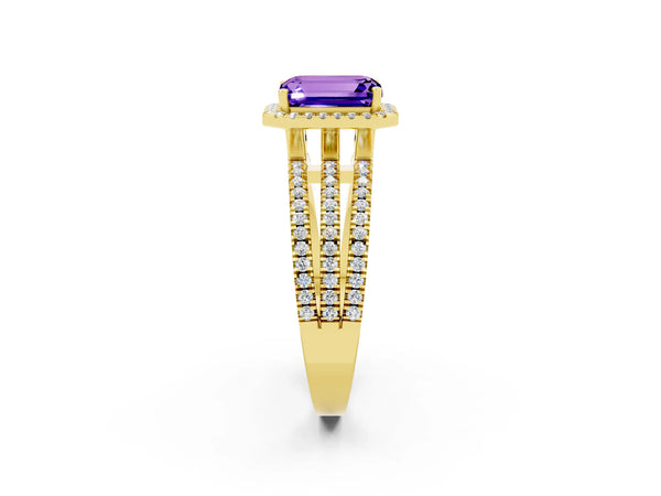 Yellow gold Emerald Cut Tanzanite Halo Engagement Ring with Split Shank and Four-Prong Setting