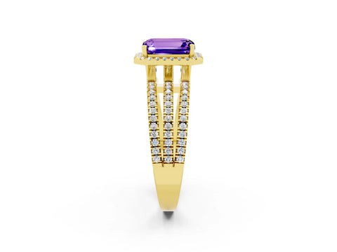 Yellow gold {shape_name} Tanzanite Halo Engagement Ring with Split Shank and Four-Prong Setting_2