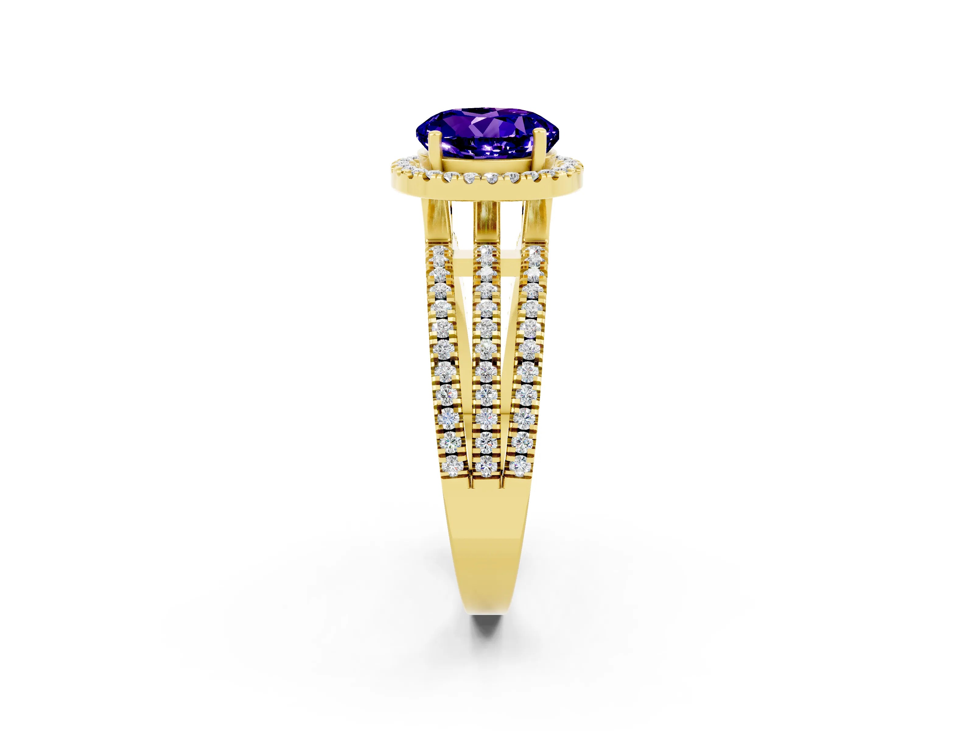 Yellow gold {shape_name} Tanzanite Halo Engagement Ring with Split Shank and Four-Prong Setting_2