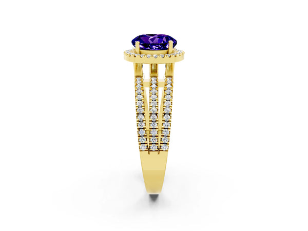 Yellow gold Round Cut Tanzanite Halo Engagement Ring with Split Shank and Four-Prong Setting