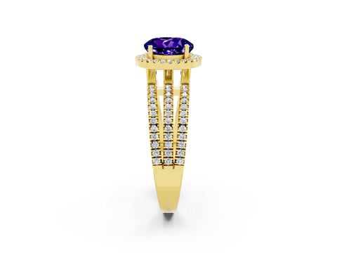 Yellow gold {shape_name} Tanzanite Halo Engagement Ring with Split Shank and Four-Prong Setting_2