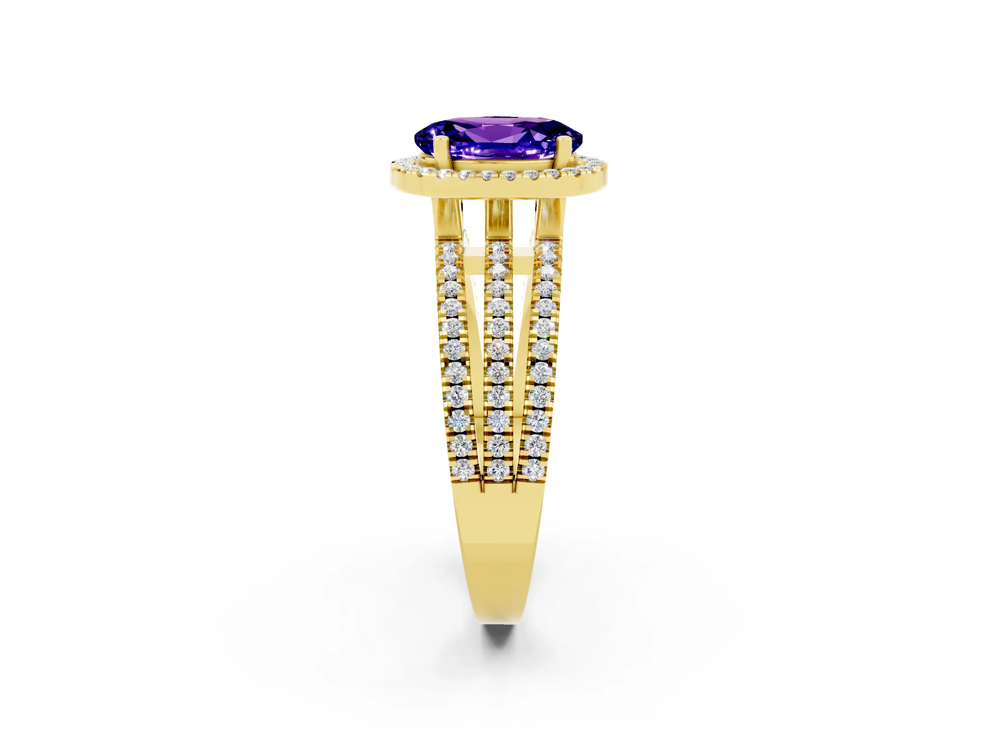 Yellow gold {shape_name} Tanzanite Halo Engagement Ring with Split Shank and Four-Prong Setting_2