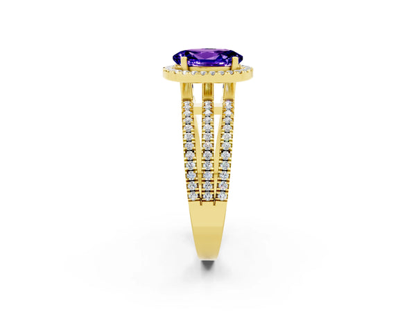 Yellow gold Oval Cut Tanzanite Halo Engagement Ring with Split Shank and Four-Prong Setting