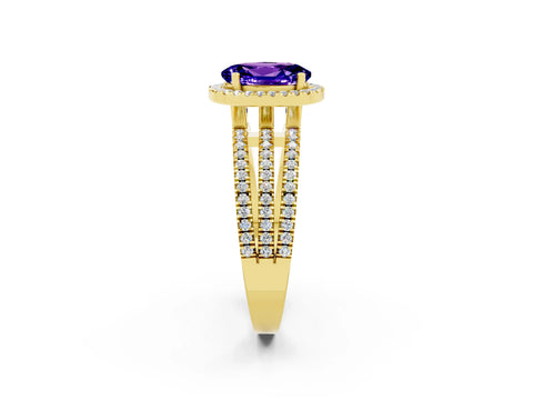 Yellow gold {shape_name} Tanzanite Halo Engagement Ring with Split Shank and Four-Prong Setting_2