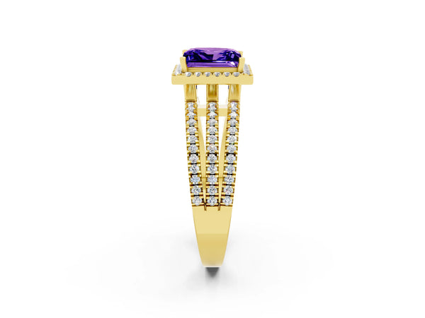 Yellow gold Princess Cut Tanzanite Halo Engagement Ring with Split Shank and Four-Prong Setting