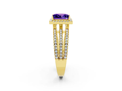 Yellow gold {shape_name} Tanzanite Halo Engagement Ring with Split Shank and Four-Prong Setting_2