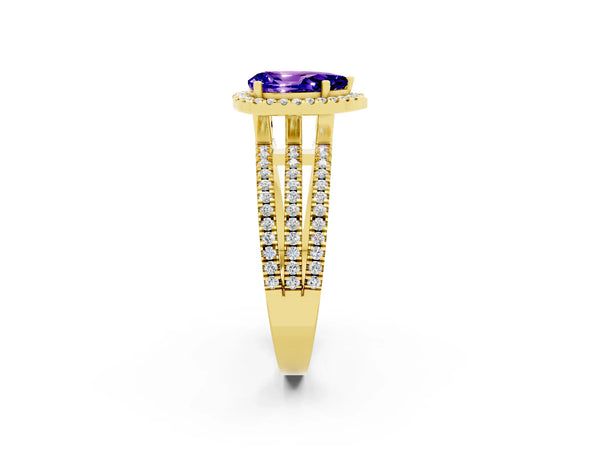 Yellow gold Pear Cut Tanzanite Halo Engagement Ring with Split Shank and Four-Prong Setting