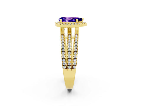 Yellow gold {shape_name} Tanzanite Halo Engagement Ring with Split Shank and Four-Prong Setting_2