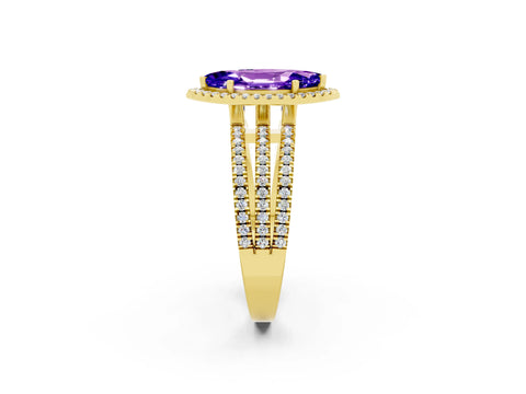 Yellow gold {shape_name} Tanzanite Halo Engagement Ring with Split Shank and Four-Prong Setting_2