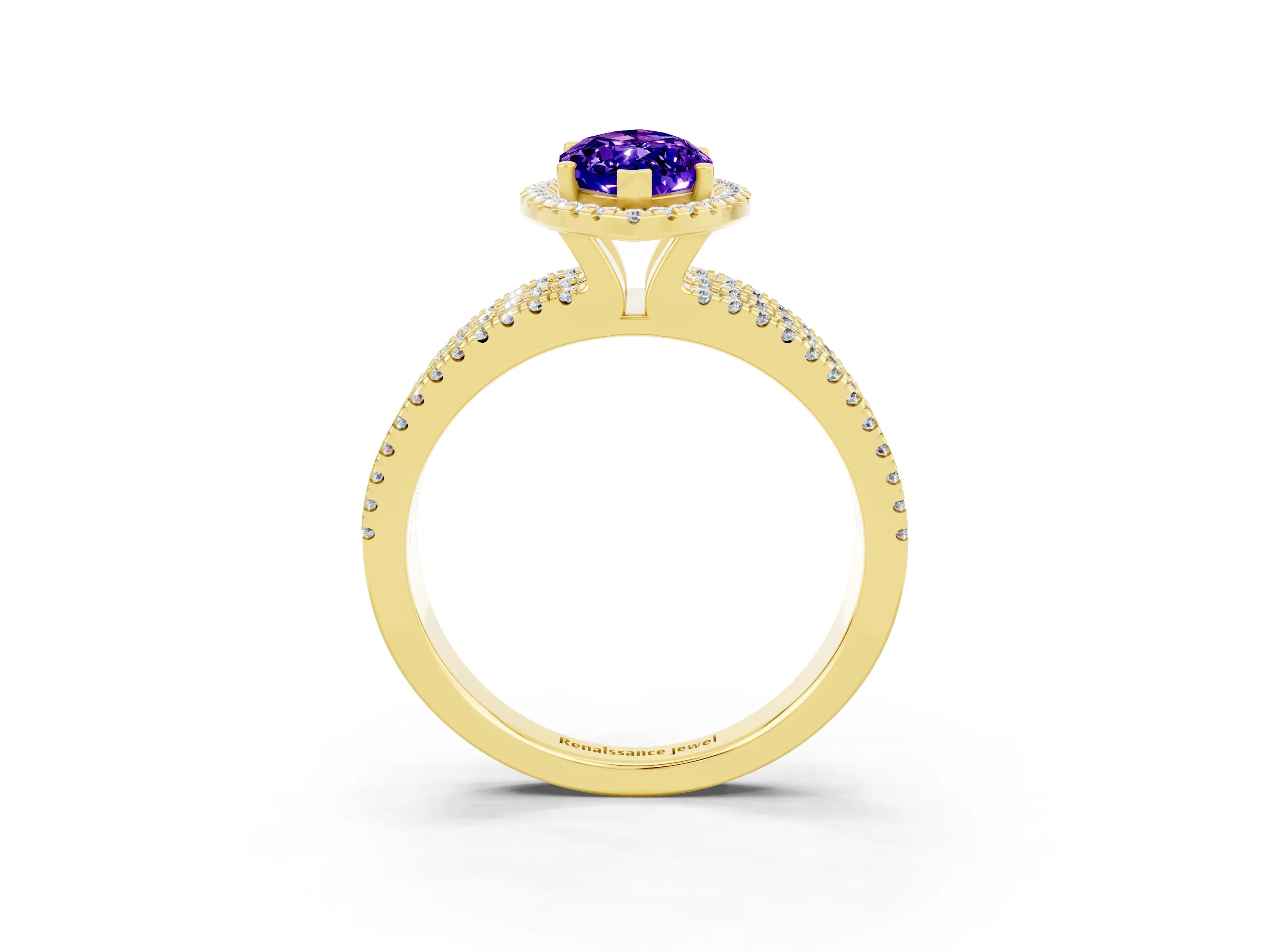 Yellow gold {shape_name} Tanzanite Halo Engagement Ring with Split Shank and Four-Prong Setting_3