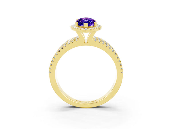Yellow gold Marquise Cut Tanzanite Halo Engagement Ring with Split Shank and Four-Prong Setting
