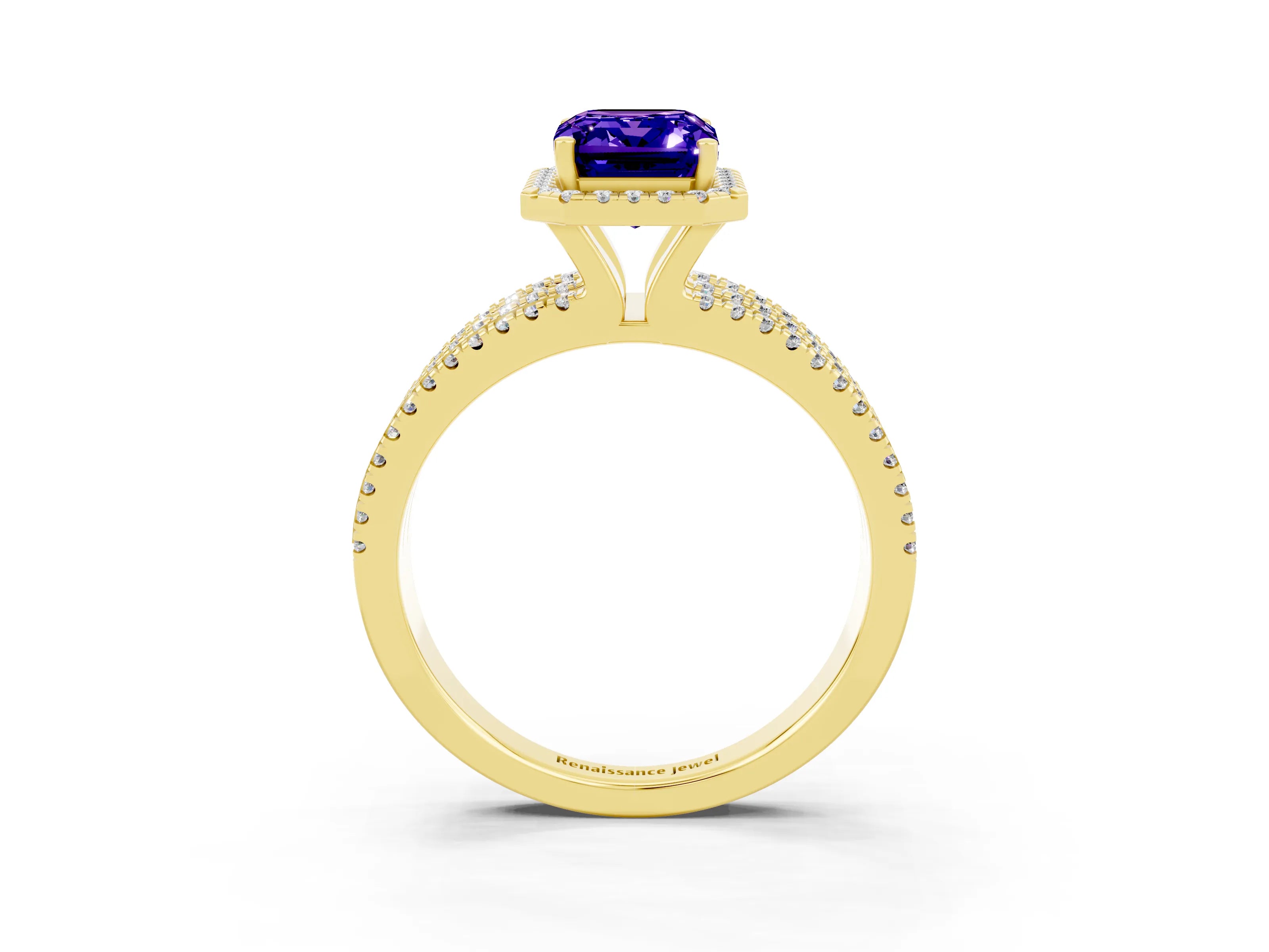 Yellow gold {shape_name} Tanzanite Halo Engagement Ring with Split Shank and Four-Prong Setting_3