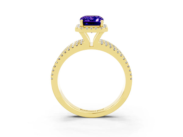 Yellow gold Emerald Cut Tanzanite Halo Engagement Ring with Split Shank and Four-Prong Setting