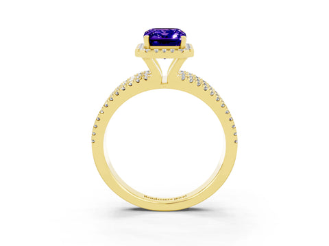 Yellow gold {shape_name} Tanzanite Halo Engagement Ring with Split Shank and Four-Prong Setting_3
