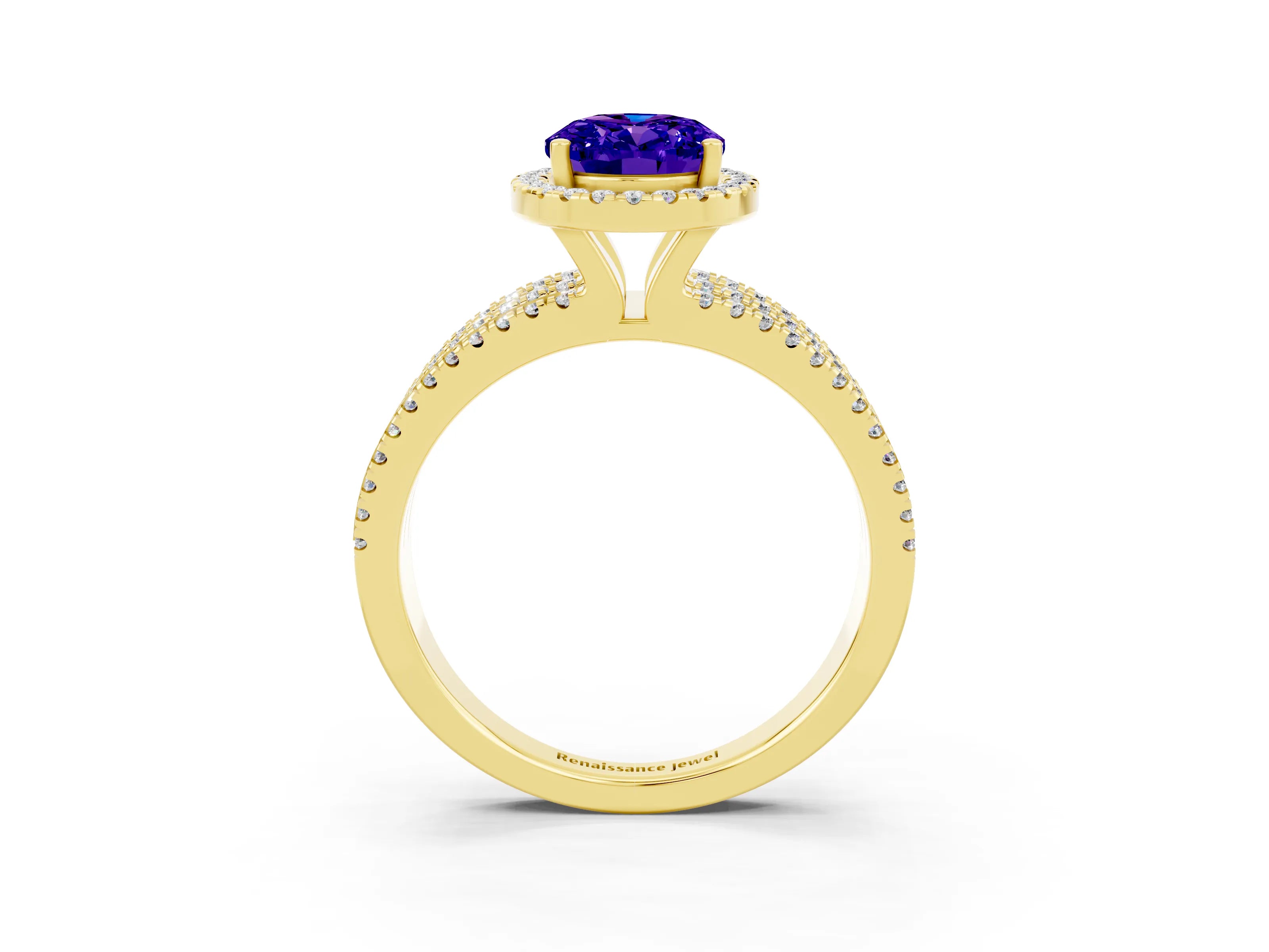 Yellow gold {shape_name} Tanzanite Halo Engagement Ring with Split Shank and Four-Prong Setting_3