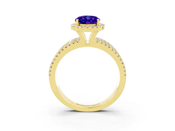 Yellow gold Oval Cut Tanzanite Halo Engagement Ring with Split Shank and Four-Prong Setting