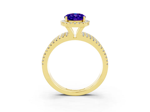 Yellow gold {shape_name} Tanzanite Halo Engagement Ring with Split Shank and Four-Prong Setting_3